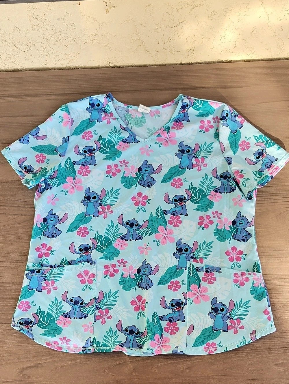 Disney Lilo & Stitch Tropical Print V-Neck Scrub Top XL